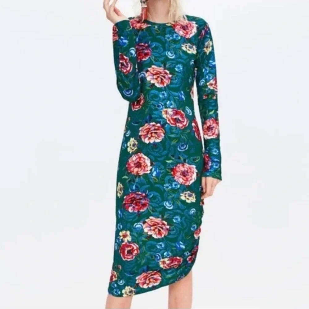 Zara Trafulac Bodycon Side Ruched Green Floral Long Sleeve Midi Dress Sz S - Picture 9 of 11